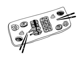 Hand drawn doodle set of sushi, rolls on plate, served for two, salmon, shrimp, rice, wasabi, chopsticks, soy sauce, ginger. Asian food. Isolated on white background