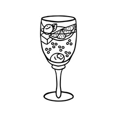 Hand drawn doodle simple summer cocktail with berries, citrus, mint leaf and ice cubes in tall glass with stem. Isolated on white background