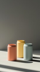 Fototapeta premium Three colorful cans arranged artistically on a bright surface with natural lighting.