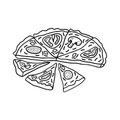 Hand drawn doodle simple pizza cut into slices, tomatoes, sliced mushrooms,champignons, sausage. Isolated on white background