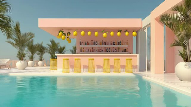 A pastel-colored poolside bar decorated with lemons and yellow stools stands in a tropical modern setting.
Concept of summer lifestyle, exotic relaxation.