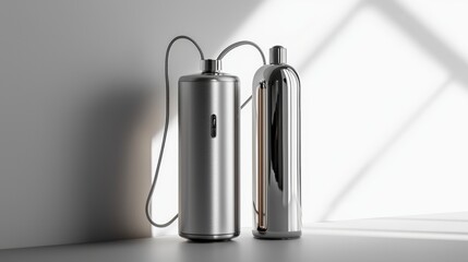 Fototapeta premium Two sleek stainless steel water bottles on a minimalist surface with natural light.