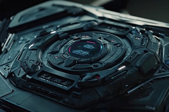 Futuristic, intricate machine panel with complex circuitry