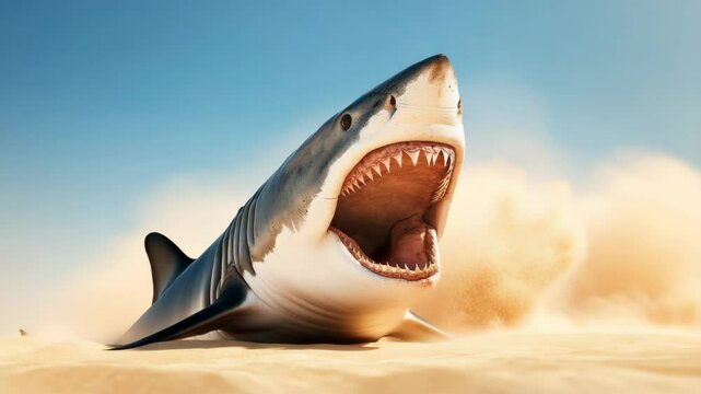 Shark is in the sand, with its mouth open and teeth bared. Concept of danger and excitement, as the shark is in a wild and untamed environment