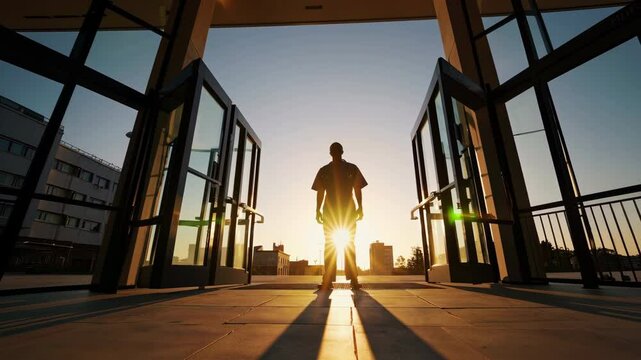 Silhouette of a healthcare worker standing in front of a hospital at sunrise, glowing backlight symbolizing strength, dedication, and heroism in the medical field during challenging times