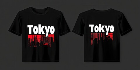 T-shirt design with the word "Tokyo" in white on a black background, Japanese typography style with red highlights, simple vector illustration, flat artwork, 2D vector art, on an.