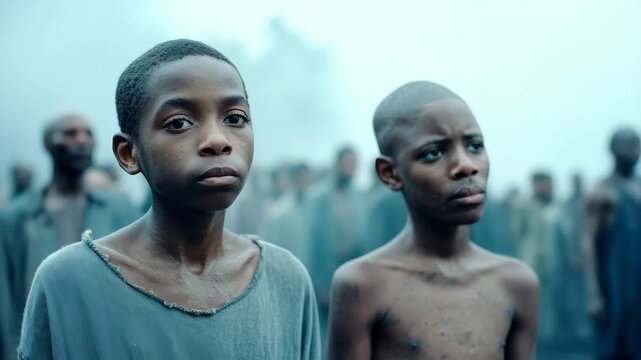 Two young boys stand in a crowd of people, looking at something