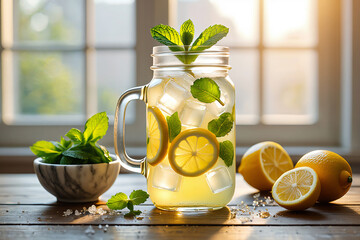 Homemade lemonade with lemon and mint in mason jar on wooden table. Refreshing summer drink.