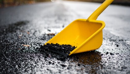 Yellow Plastic Dustpan Collecting Asphalt Debris on Wet Ground