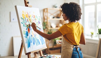 Young Woman Artist Painting Vibrant Floral Artwork on Canvas in Studio