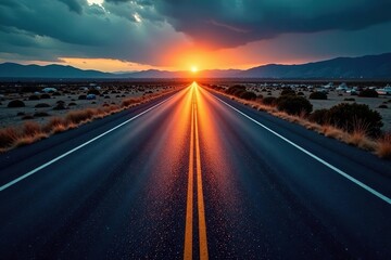 Empty highway, shimmering asphalt, yellow center line, dry barren land, intense sun , hot, background, dry