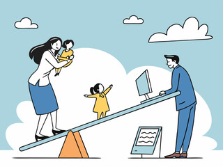 Cartoon family scene with playful harmony