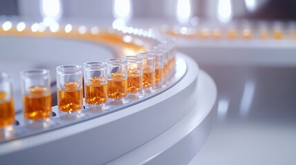 Modern Laboratory Sample Analysis Rotating Platform Amber Liquid Scientific Research Medical Technology Advanced Equipment        