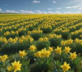 Golden yellow daffodils carpet a lush green field, bathed in sunlight against a clear blue sky , plants, plant