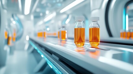 Modern Pharmaceutical Laboratory Conveyor Belt with Amber Liquid Filled Glass Vials Bottles Sterile Clean Room Futuristic Science 