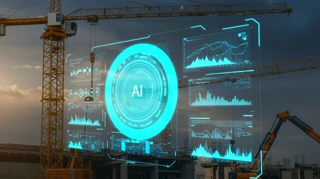 Futuristic construction site with AI data visualization overlay and cranes against a sunset backdrop