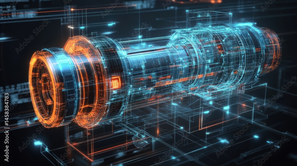 Poster digital engine blueprint: explore a high-tech digital rendering of a powerful engine, emphasizing in