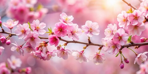 Pink cherry blossom branch with delicate flowers blooming in early spring, pink petals, flower branch