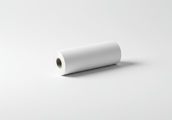 Roll of white paper lies horizontally on a white surface with a subtle shadow underneath it