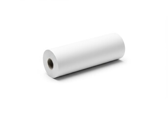 A roll of white paper is lying horizontally on a white surface, casting a soft shadow