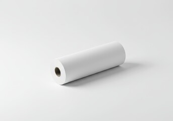 A roll of white paper laying horizontally on a white surface with a subtle shadow