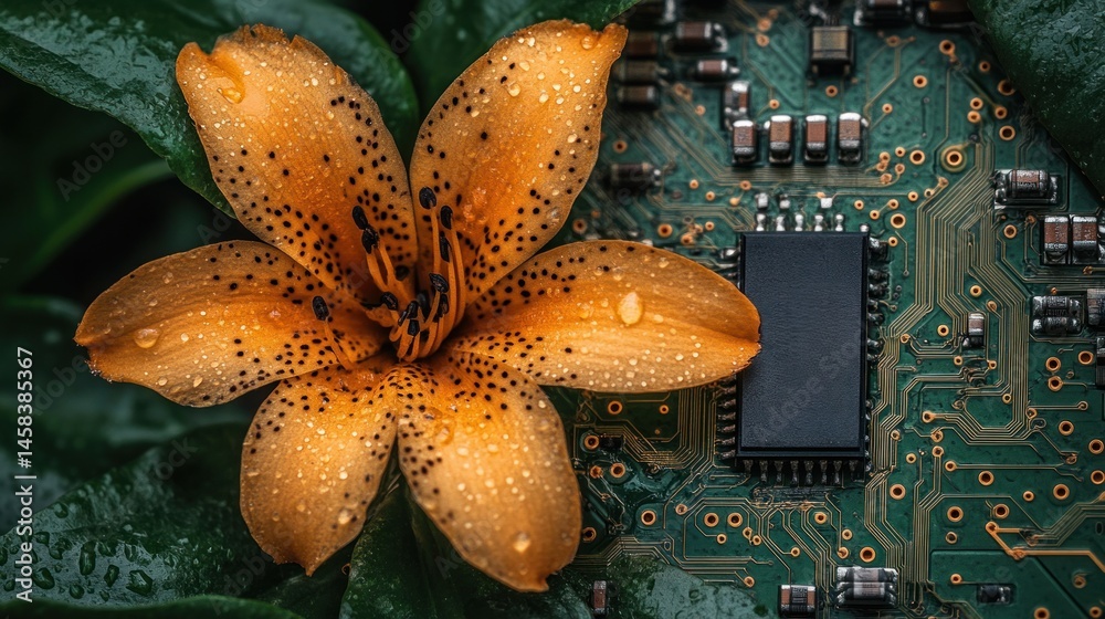 Poster a vibrant orange lily flower with water droplets resting on a green computer circuit board blending 