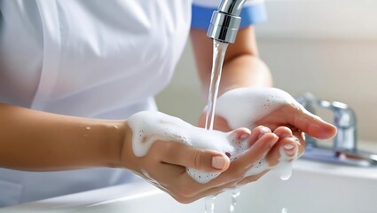Close-Up of Nurse’s Hands Being Washed with Soap and Water, Gentle Foam Forming Under Running Tap in a Blurred Clinical Background
