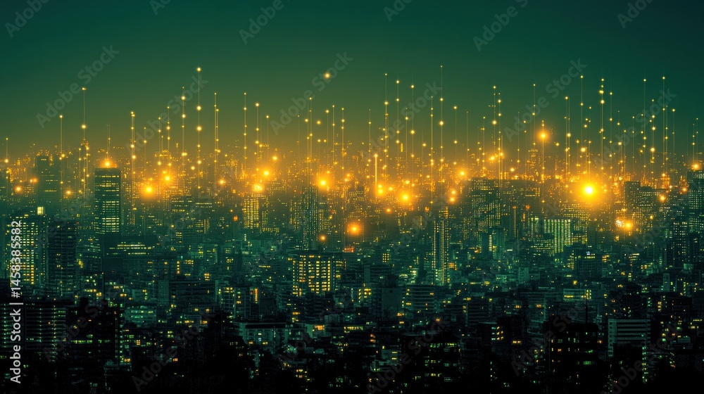 Leinwandbilder A futuristic cityscape glows with luminous data streams connecting buildings in an atmospheric digital network in the dark urban environment.