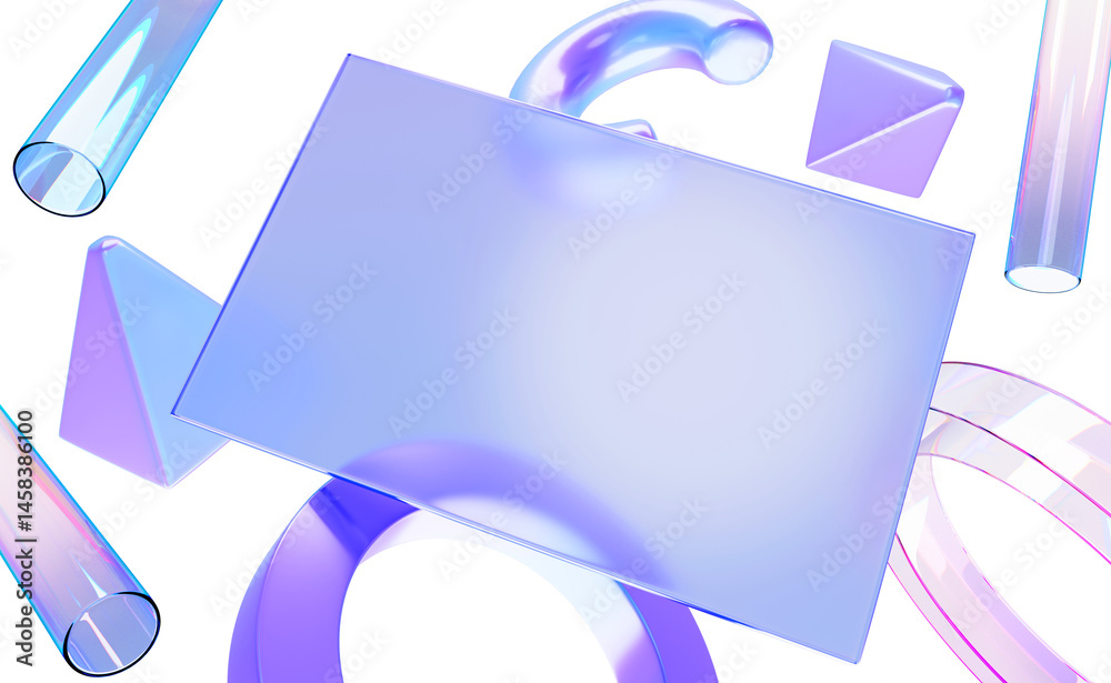 Poster 3d holographic glass morphism frame with geometric shapes render. Transparent rectangle card surface with blur effect, iridescent neon dynamic figures on abstract gradient background