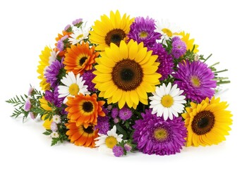 Fototapeta premium Assorted bouquet of sunflowers, daisies, and other colorful flowers on a white background
