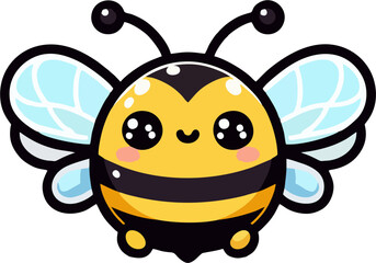 Obraz premium Cute Chubby Chibi Bee with Sparkly Blue Wings – Kawaii Cartoon Honeybee Vector for Kids and Designs
