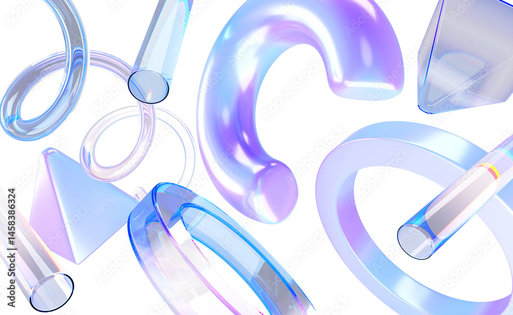 Poster abstract 3d background with flying glass transparent geometric shapes in motion render. dynamic meta
