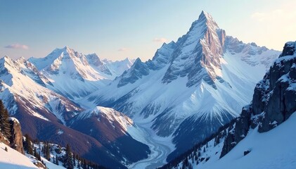 Jagged snow-covered summits, untouched valley , geology, clouds, serene