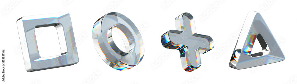 Poster 3d set of glass transparent holographic square, circle, plus, triangle on black background render icon. Abstract crystal shapes, iridescent light gradient objects, isolated elements