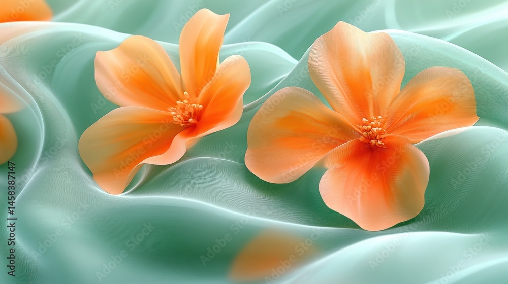 Poster two vibrant orange flowers rest gently on a soft, flowing, light green fabric creating a calming and