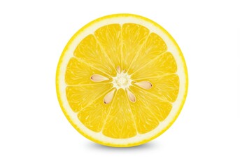 Close-up of a vibrant yellow lemon slice with seeds, showcasing its juicy texture against a white backdrop