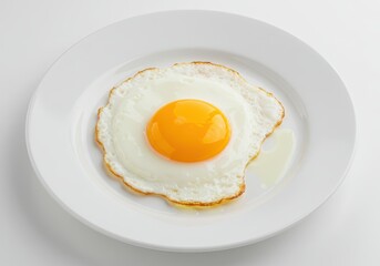 A sunny side up egg sits on a white plate against a white background in a simple food shot