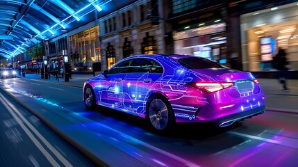 Fototapeta premium A futuristic sedan with glowing purple and blue circuitry patterns drives through a modern city street at night.