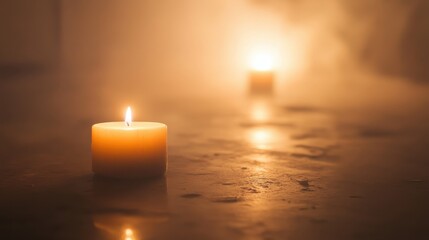 Candles in the Fog: Three candles illuminate a dimly lit space, casting warm light amidst a hazy fog. The scene evokes a sense of mystery and tranquility.