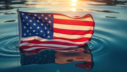 Rippling reflection of American flag in sunlit water, nature, image
