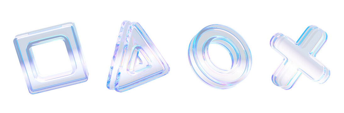 3d glass game button set. Abstract transparent geometric shapes square, triangle, circle, cross, neon light holographic gradient. Crystal render objects, isolated joystick elements