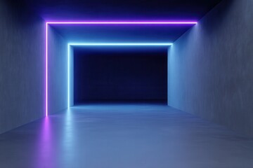 3D rendering of an empty virtual neon light blue and purple background with glowing lines on a dark floor., 3D rendering of neon blue and purple glowing lines on a dark background.