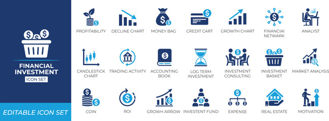 Financial investment icon set. Solid icon collection.