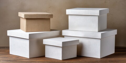 Stacked white boxes and a textured tan box creating an attractive display of minimalism and modern design against a textured background showcasing organizational aesthetics and artistic