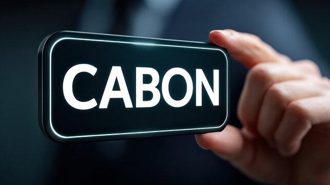 A businessman holds a rectangular sign with rounded corners and the word "CABON" illuminated in white, against a dark blue background color.