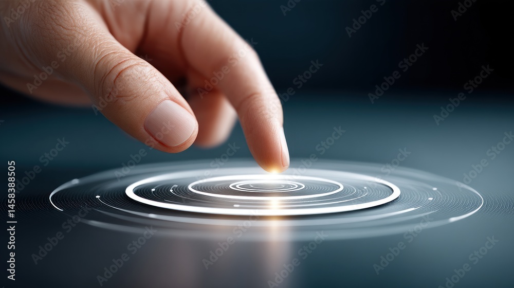Poster Finger touches a glowing circular interface activating the technology with radiating energy, creating a sense of innovation and control.
