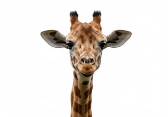 Fototapeta premium Close-up portrait of a giraffe with brown spots against a stark white background looking directly at the camera