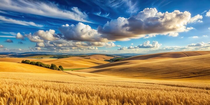 Rolling hills of golden wheat fields under a clear blue sky with a few white clouds