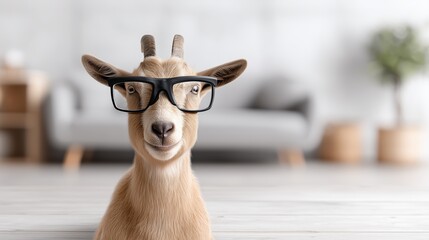 Goat wearing glasses, humorous animal portrait for quirky designs or home decor