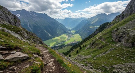 Fototapeta premium Serene Mountain Valley Landscape with Overhanging Cliffs and Lush Greenery under a Cloudy Sky